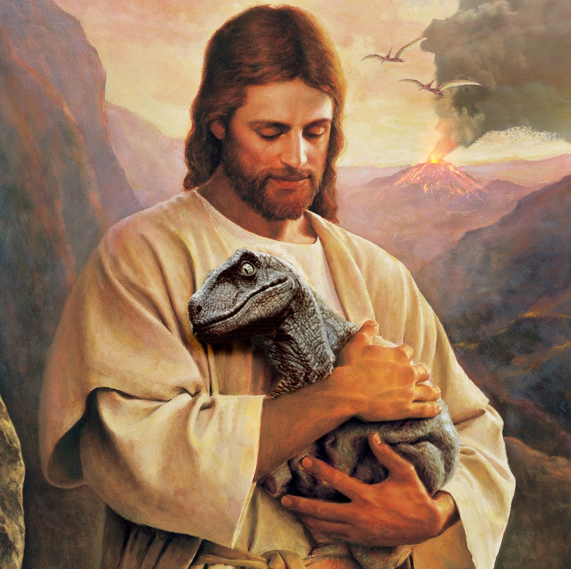 Jésus qui câline un bébé raptor